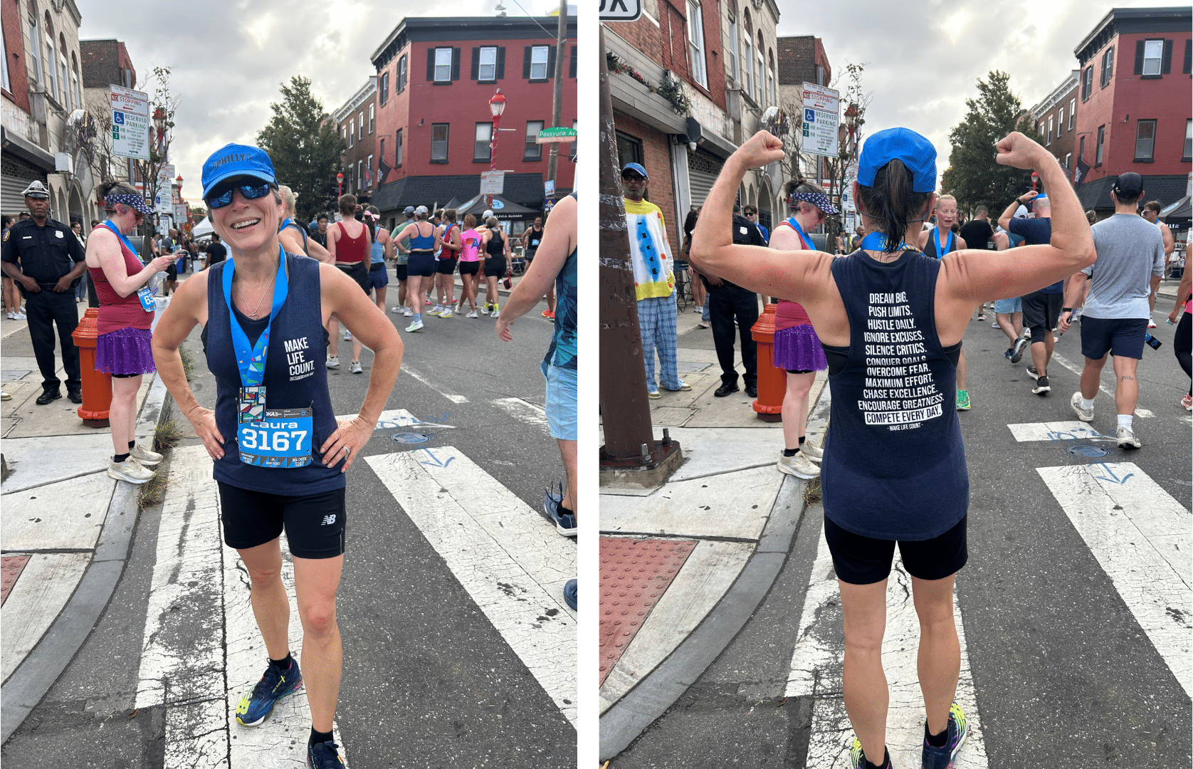 Laura Sicola at the Philadelphia 10K wearing a Make Life Count tank top reading Dream Big, Push Limits, Silence Critics, Compete Every Day